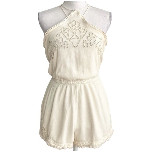 American Eagle Outfitters Cream Halter Neck Fridge Hem Romper Women’s Medium - Picture 2 of 8